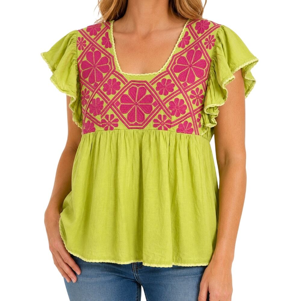 J.Marie Sz Small Green Pink Tropical Beach Summer Travel Embroidered Shirt Top